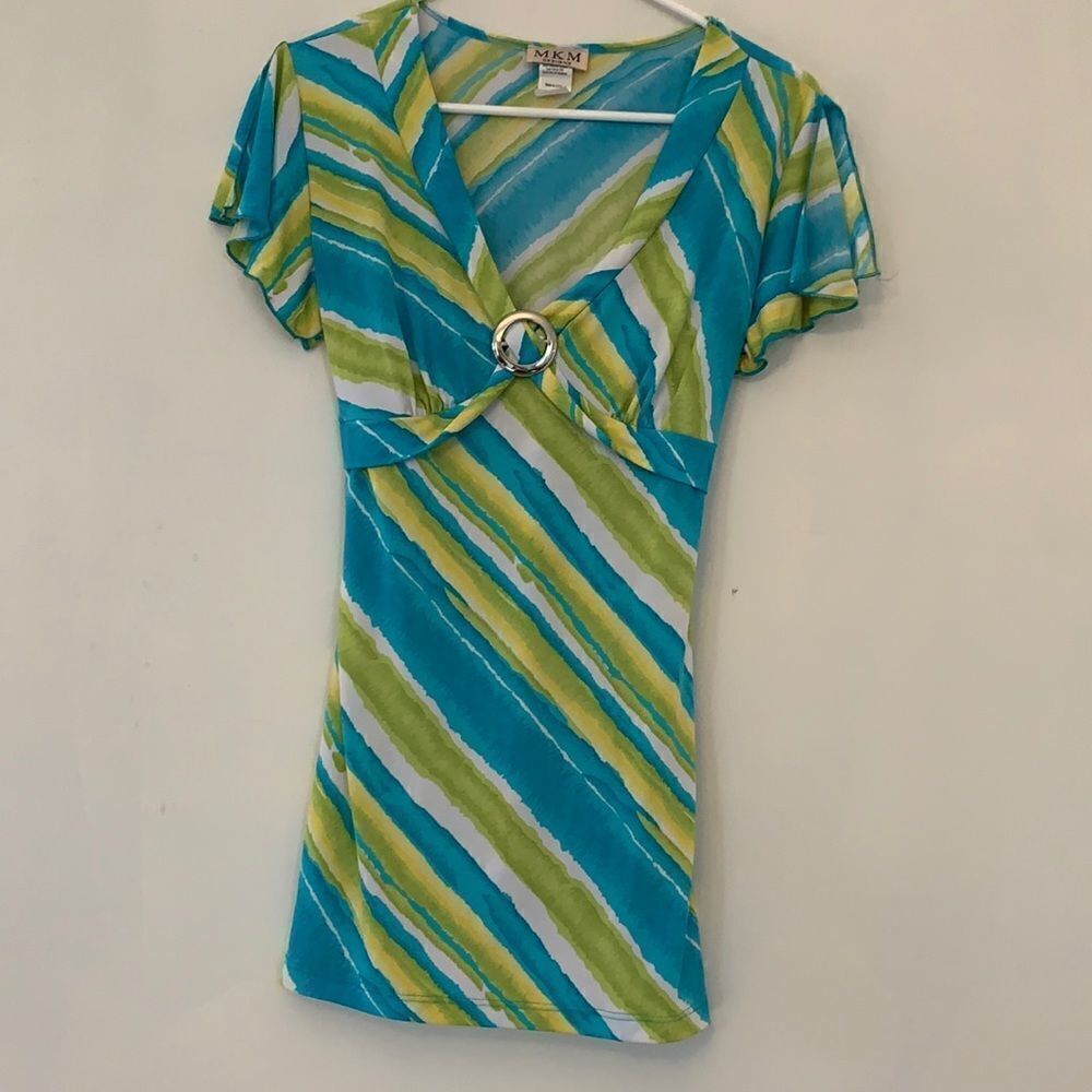 3/$30 M.K.M Designs short split sleeve blue and yellow blouse. Length 29” Size M